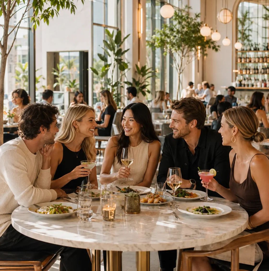 Guests enjoying a busy restaurant