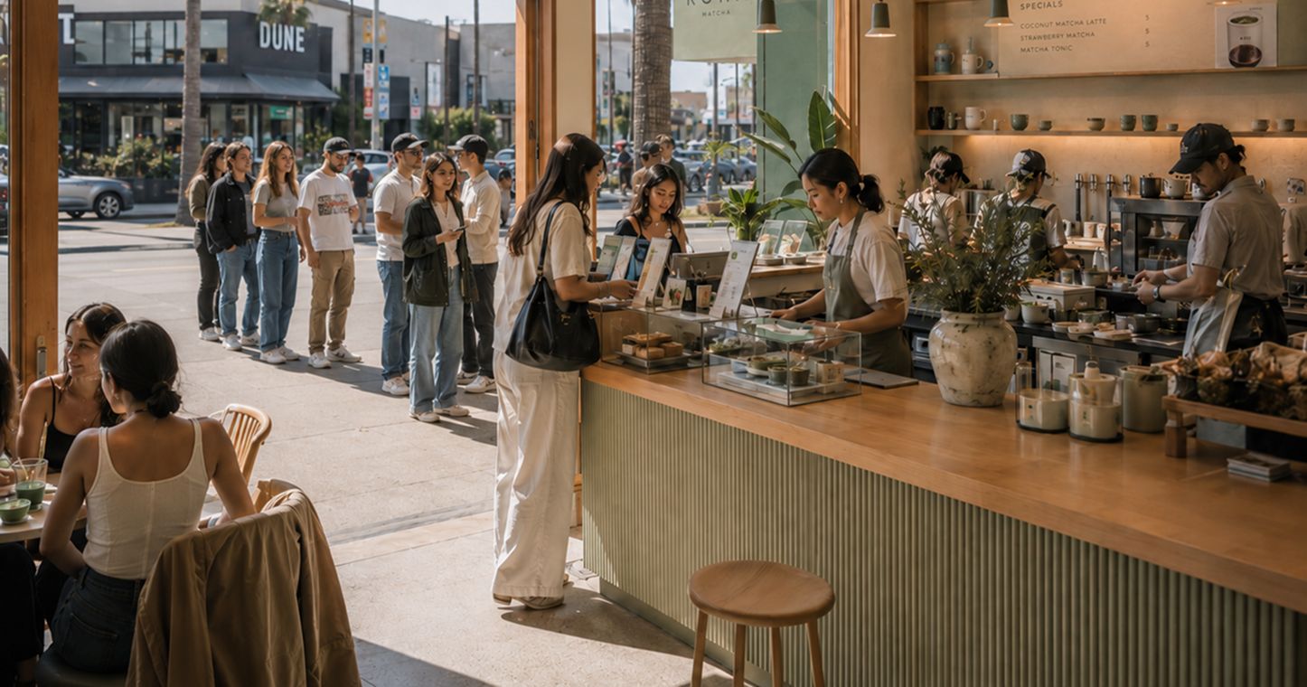 A long line of guests waiting outside the restaurant
