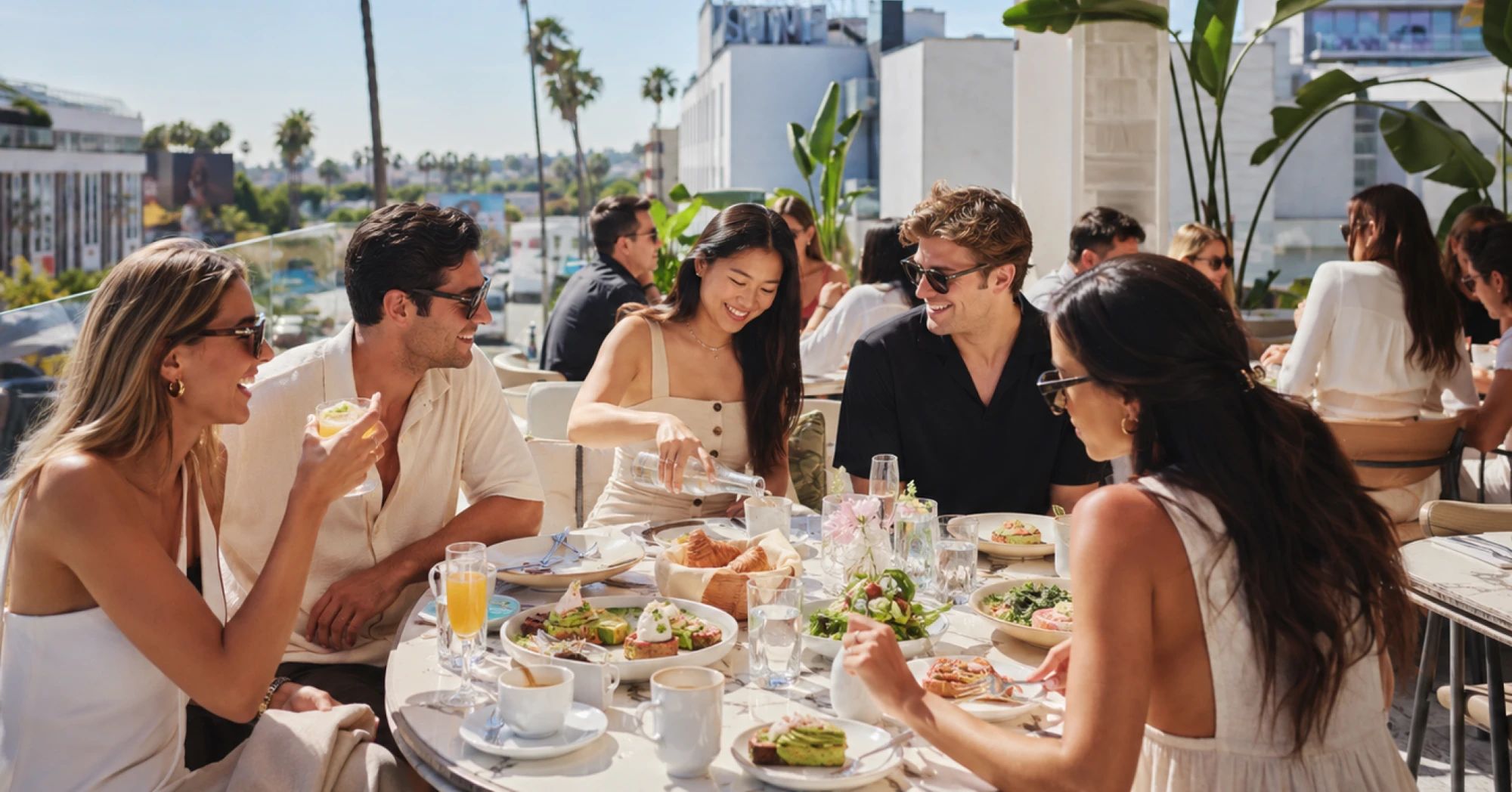 Friends sharing brunch on a sunny restaurant terrace